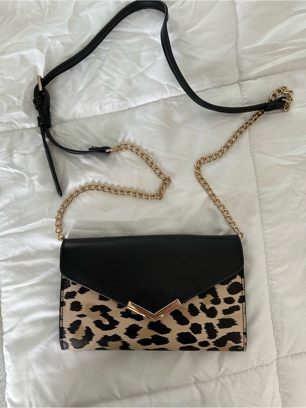 Black and Leopard Print Crossbody Bag with Gold Chain